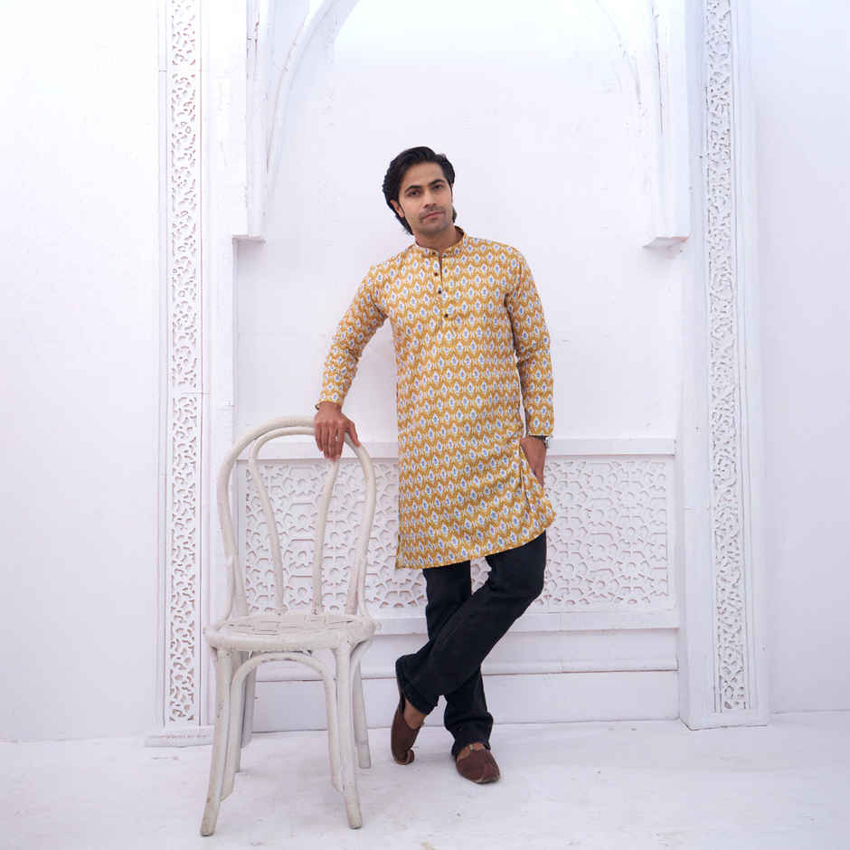House Of Festivals Men's Printed Cotton Blend Long Kurta | Yellow - XL