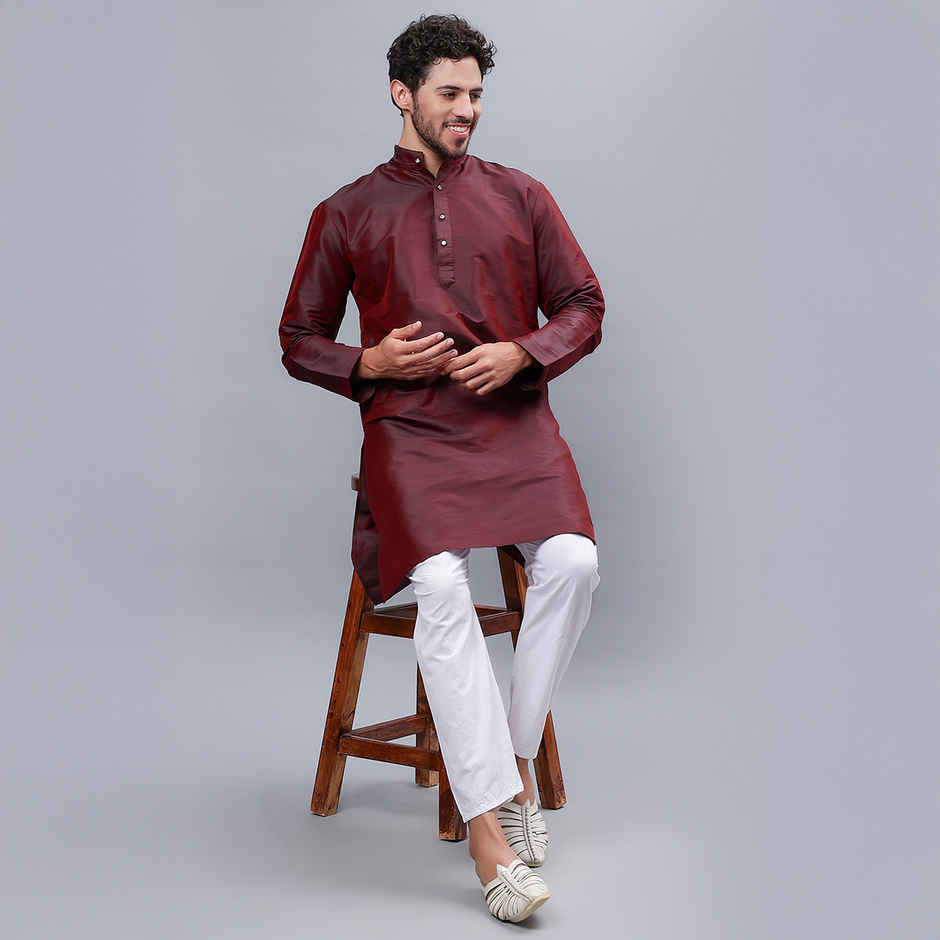 Mad Over Print Men's Silk Blended Kurta | Maroon - S