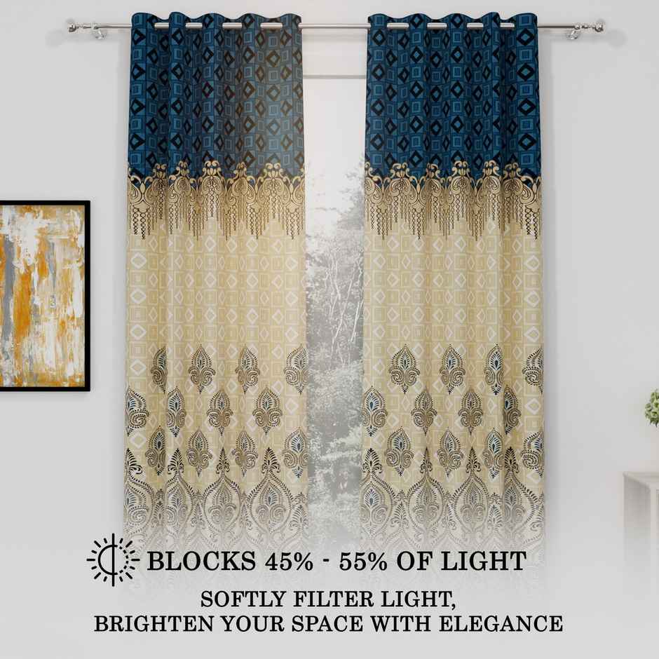 Story@Home 200 GSM Polyester Ethnic 2 Piece Door Curtain | Blue & Ivory