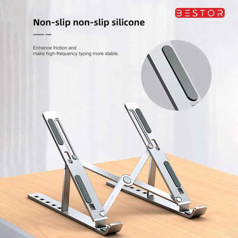 Bestor Adjustable Laptop Tabletop Stand Portable Foldable Compatible, MacBooks &, Aluminum Stand with Anti Slip Design & Adjustable Height, Lapdesk Stand, Hold Laptop, Books, Phone, Tablet - Silver