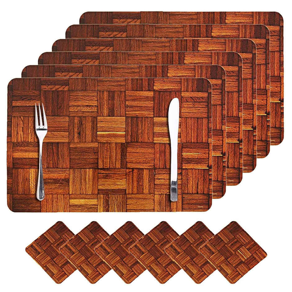 Kuber Industries PVC Wooden Design 6 Piece Dining Table Placemat Set with Tea Coasters|Brown