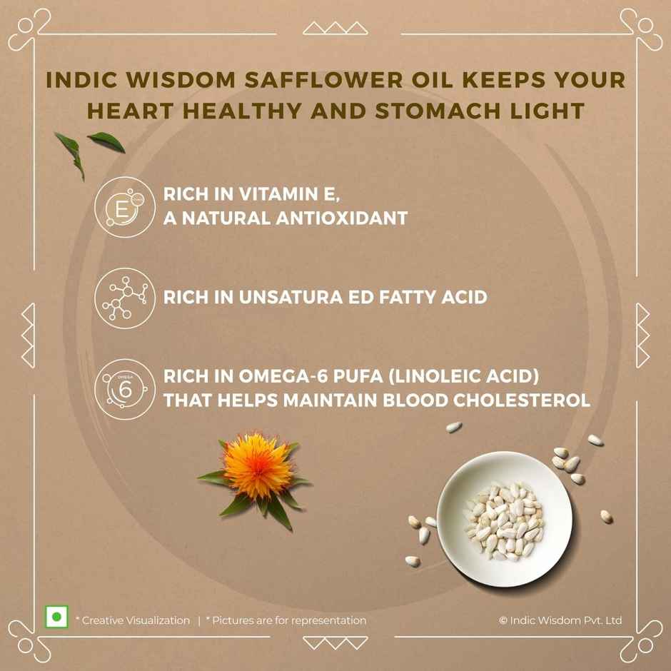 Indic Wisdom Wood Pressed Safflower Oil | Cold Pressed - Extracted on Wooden Churner Combo