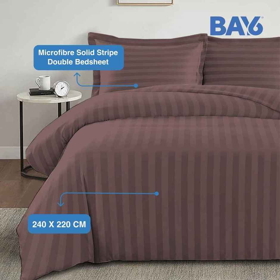 BAY6 Microfibre Solid Stripe Double Bedsheet - Brown | 220 x 240 cm + Two Pillow Covers
