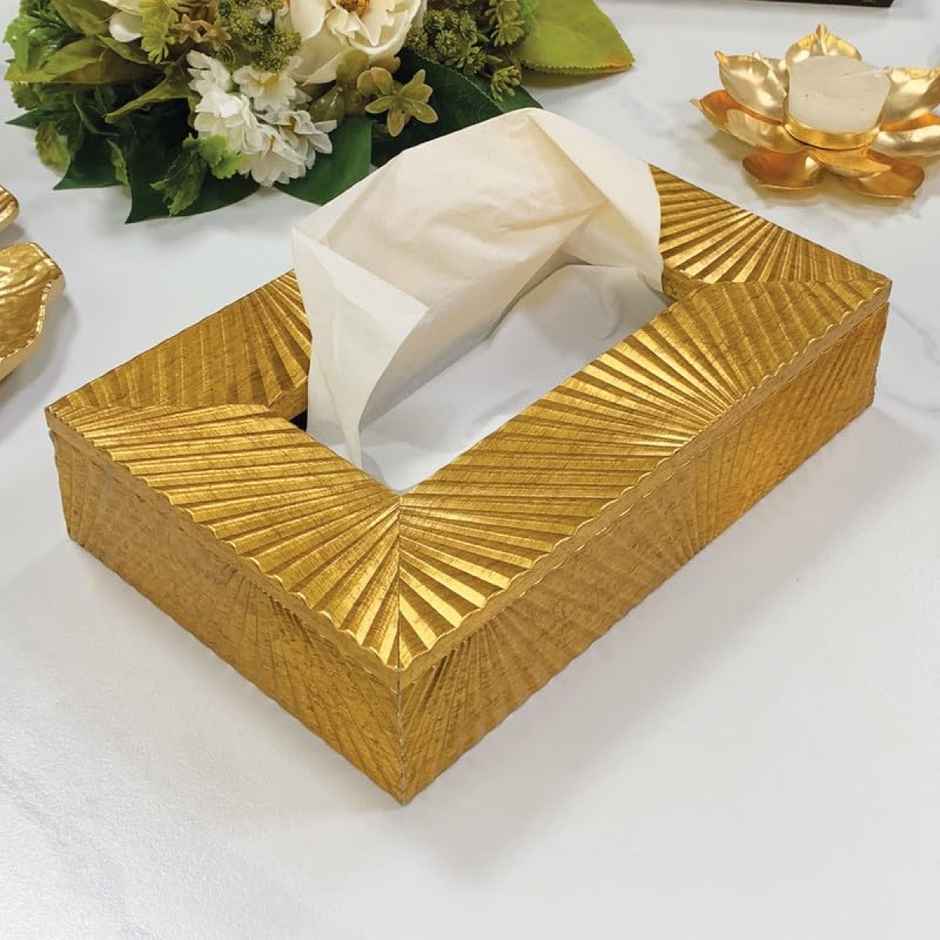 Art Street Tissue Box Holder With Cover | Rectangle Facial Tissue Paper | Gold | 9 x 6 x 2.3 Inch