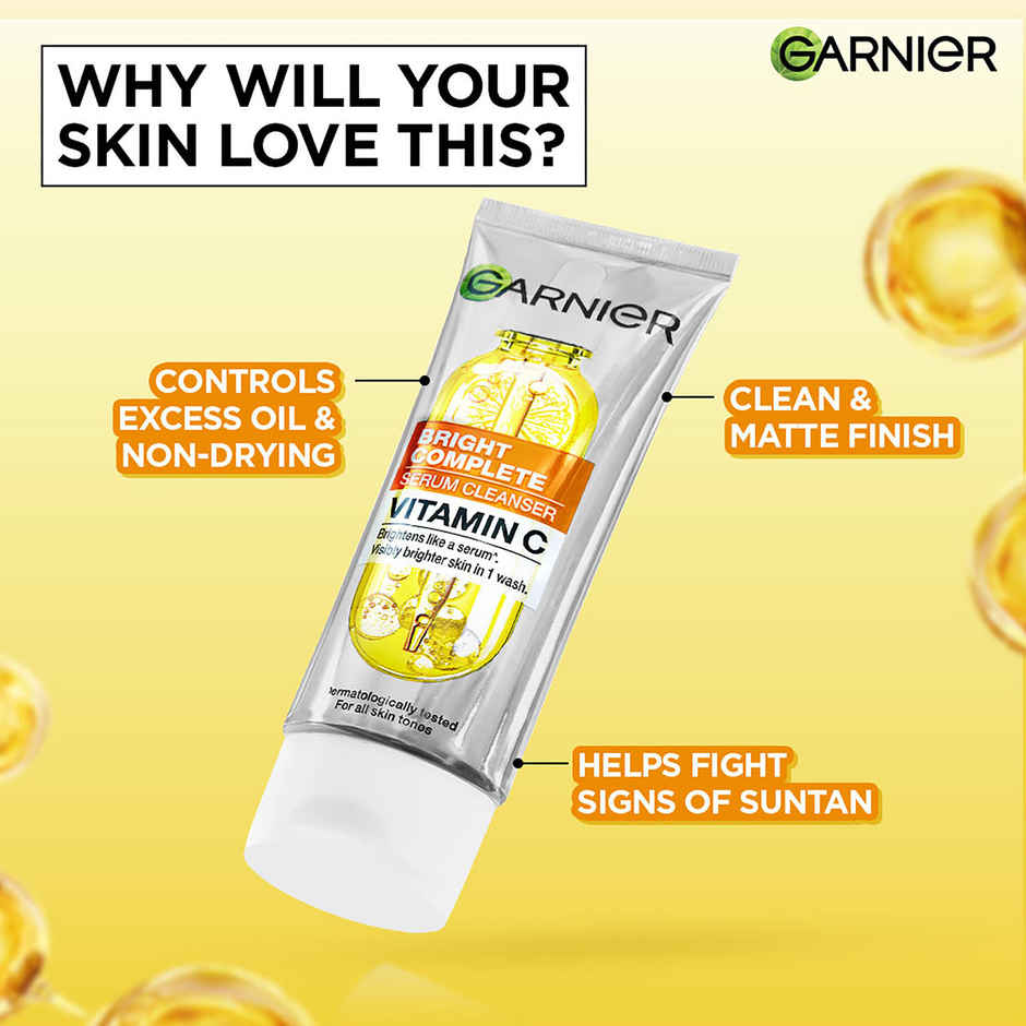 Garnier Bright Complete Serum Cleanser | Vit C Facewash for Visibly Brighter Skin in 1 Wash