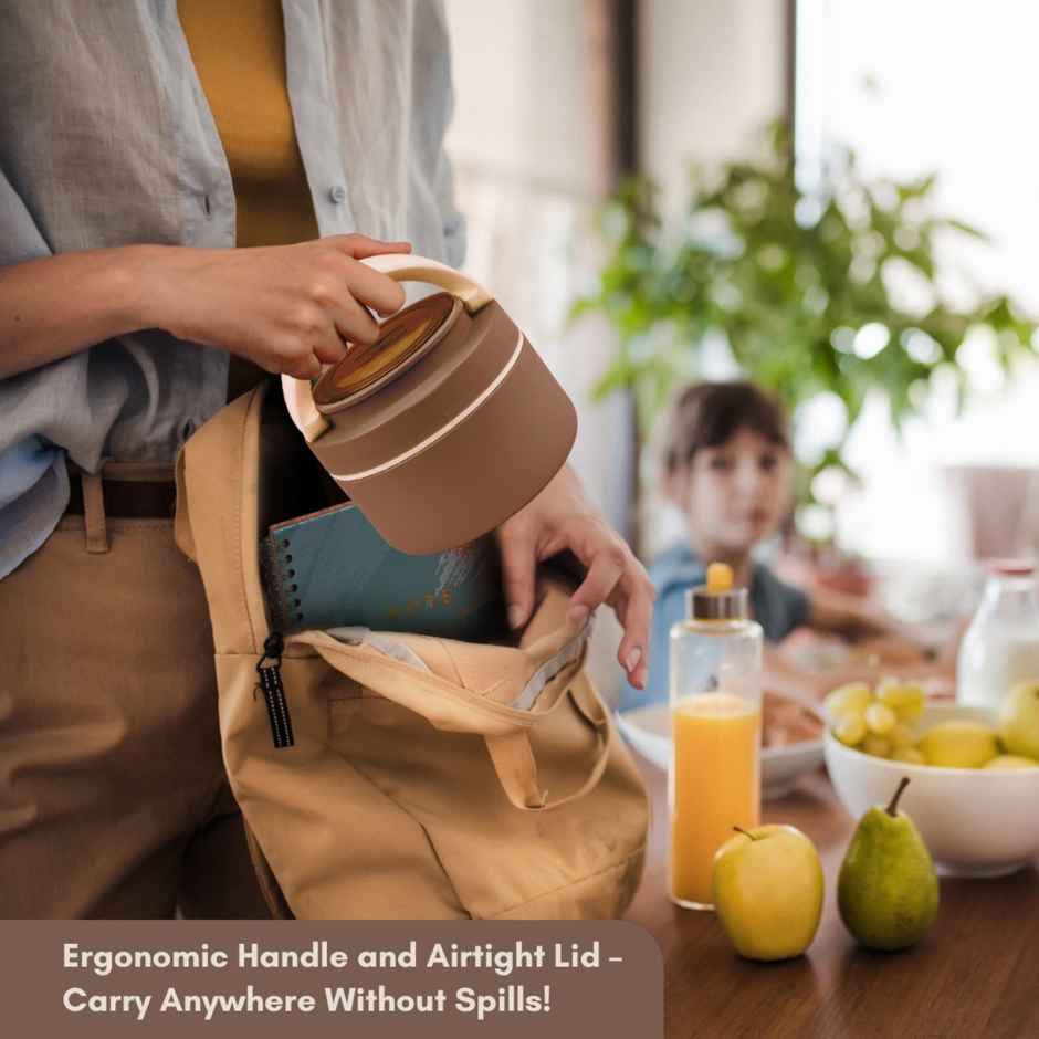 Flair Feast Lunch Box Set Beige Insulated Portable Container With Handle Attractive Spoon Carry Lid