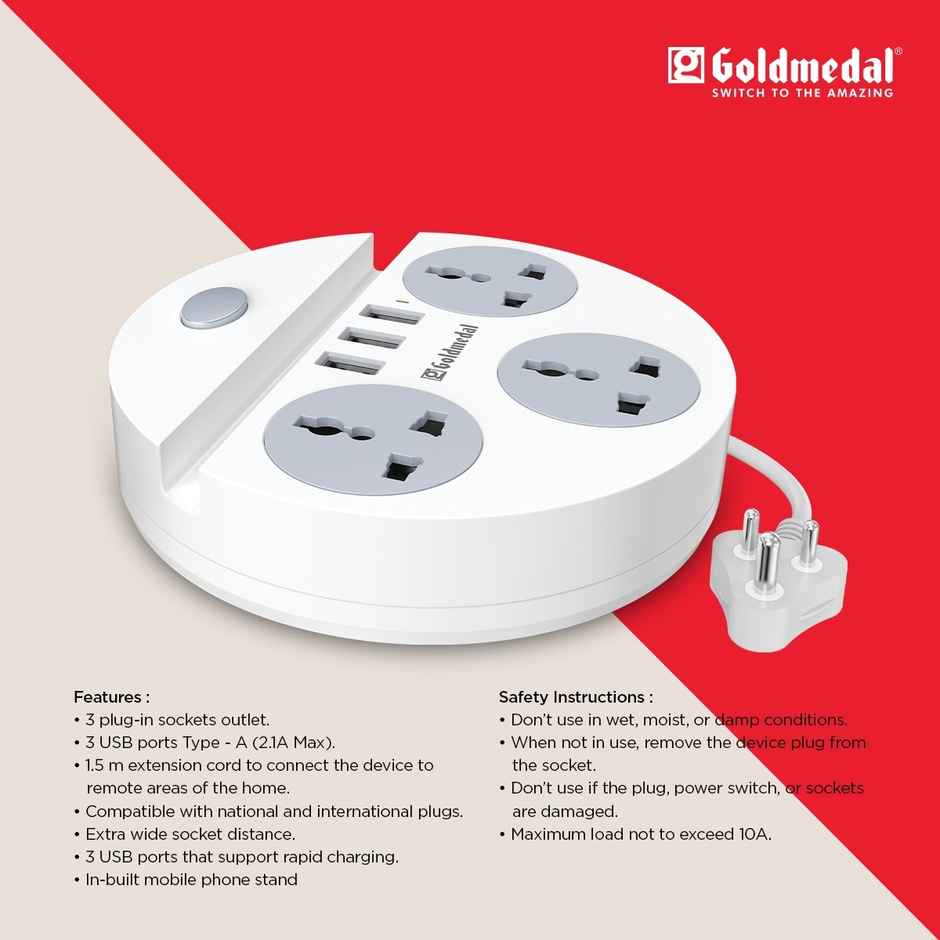 Gold Medal Zippo 1.5-Meter Extension Cord | 3 USB Charging Ports & Mobile Holder | Master Switch with Indicator | 3 Universal Sockets | Compatible with All Devices