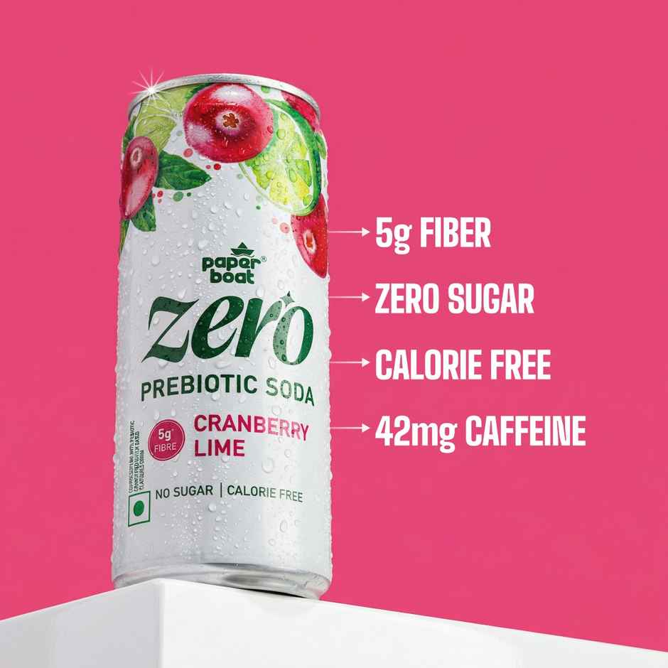 Paper Boat Zero Prebiotic Soda Cranberry Lime, 5g Fibre, Caffeinated Sugar Free Cold Drink