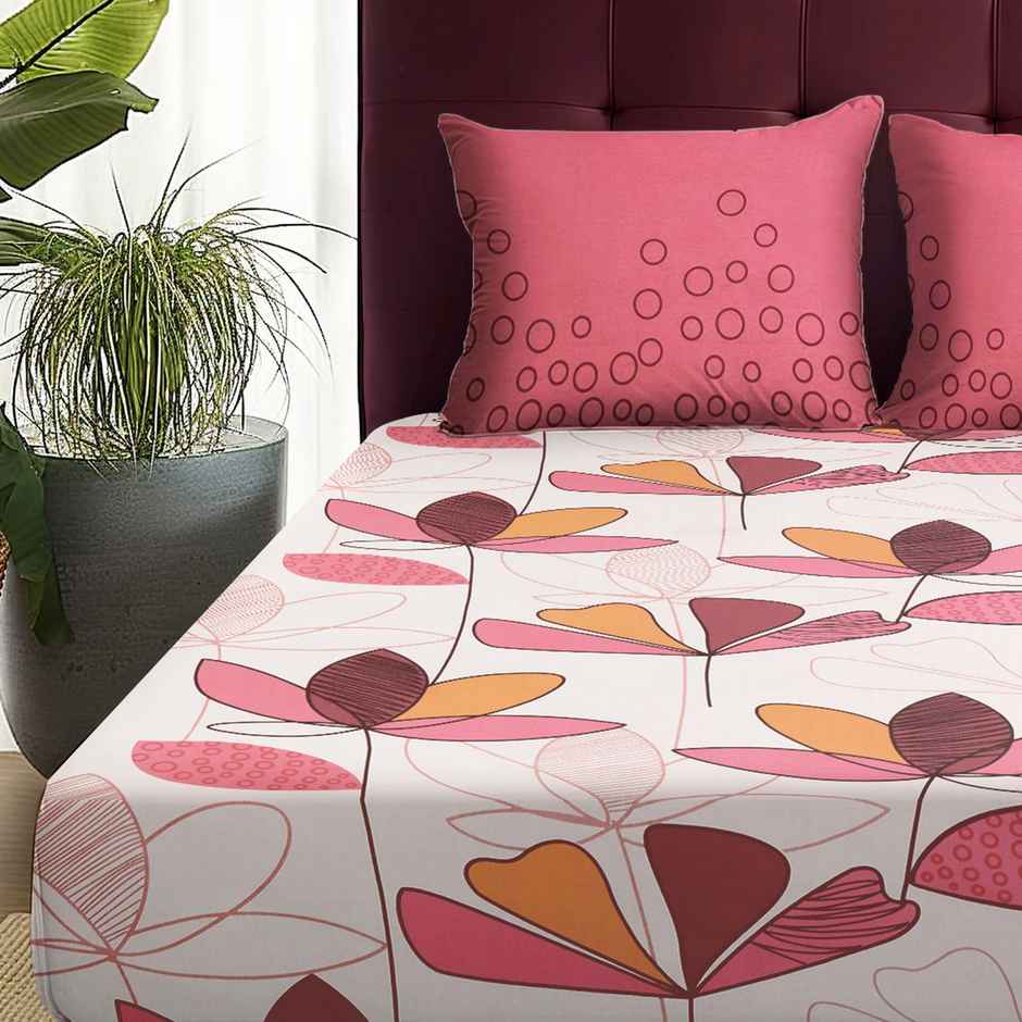 Story@home 152 TC Cotton Double Floral Flat Bedsheet (White, Pink)