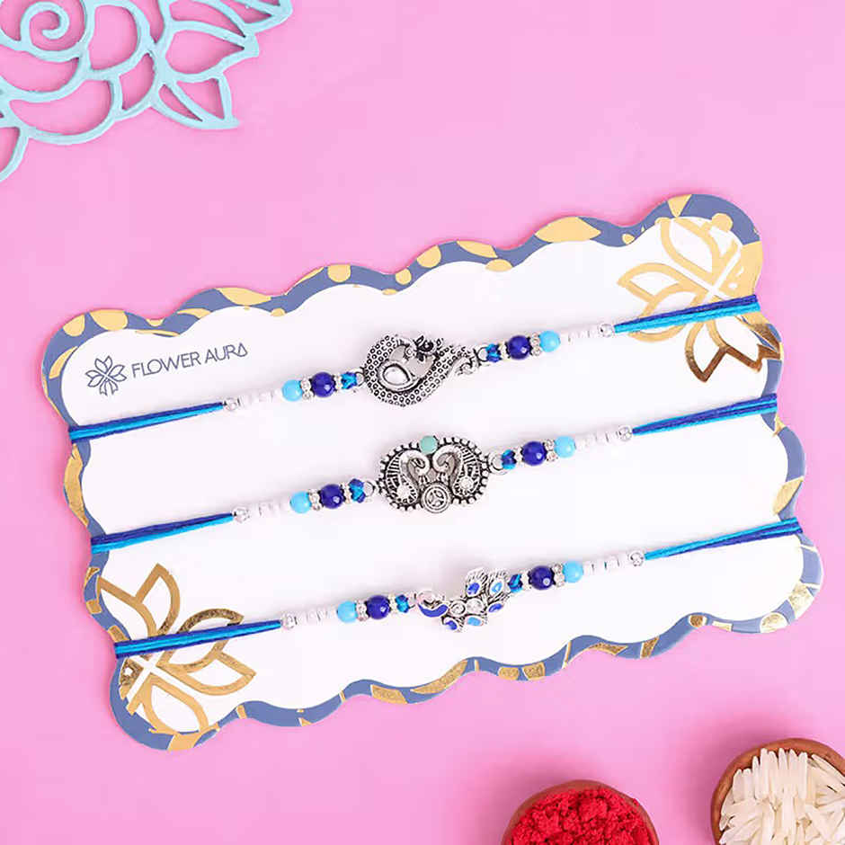 Stone Silver Intricate Design Rakhis (Floweraura) Set of 3