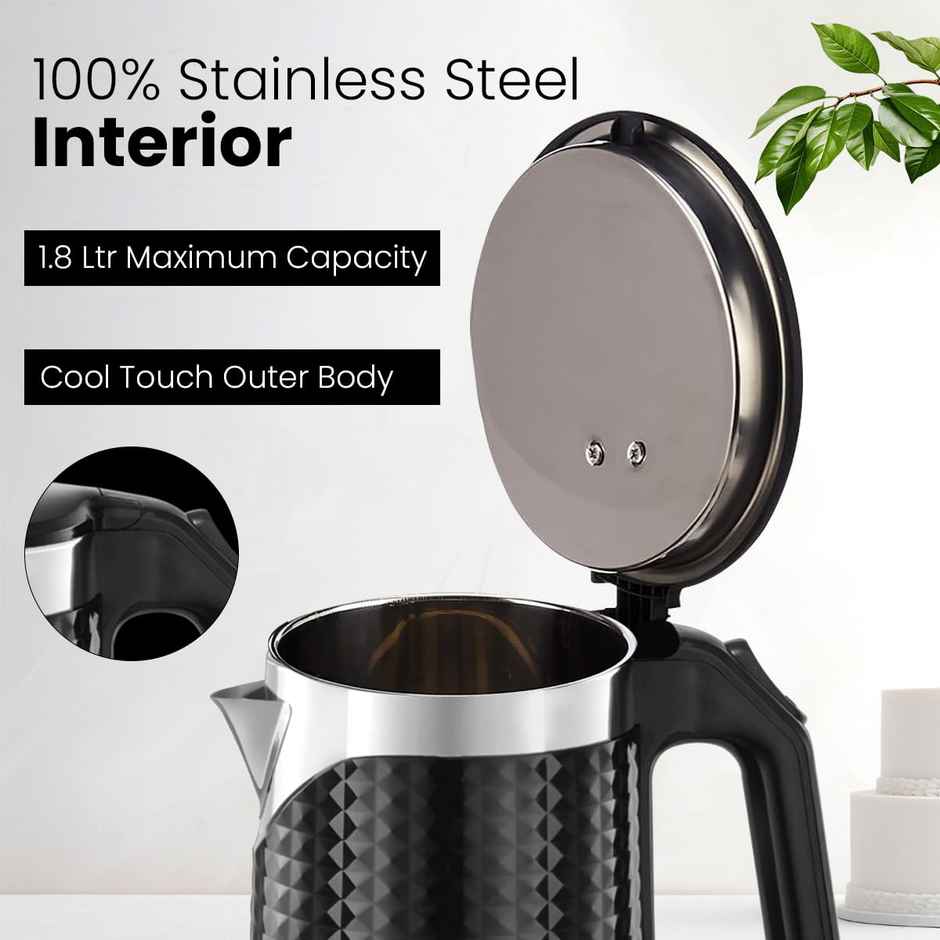 INALSA Double Wall Kettle Prism BK,1.8 Ltr,1500W |Diamond Cut Design ,Stainless Steel Inner Body