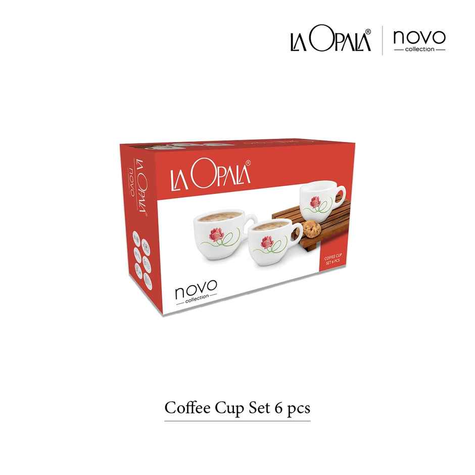 La Opala Novo Coffee Cup 120 ml Set of 6 Radiant Curves Opal Glass Cups for Tea & Coffee, White