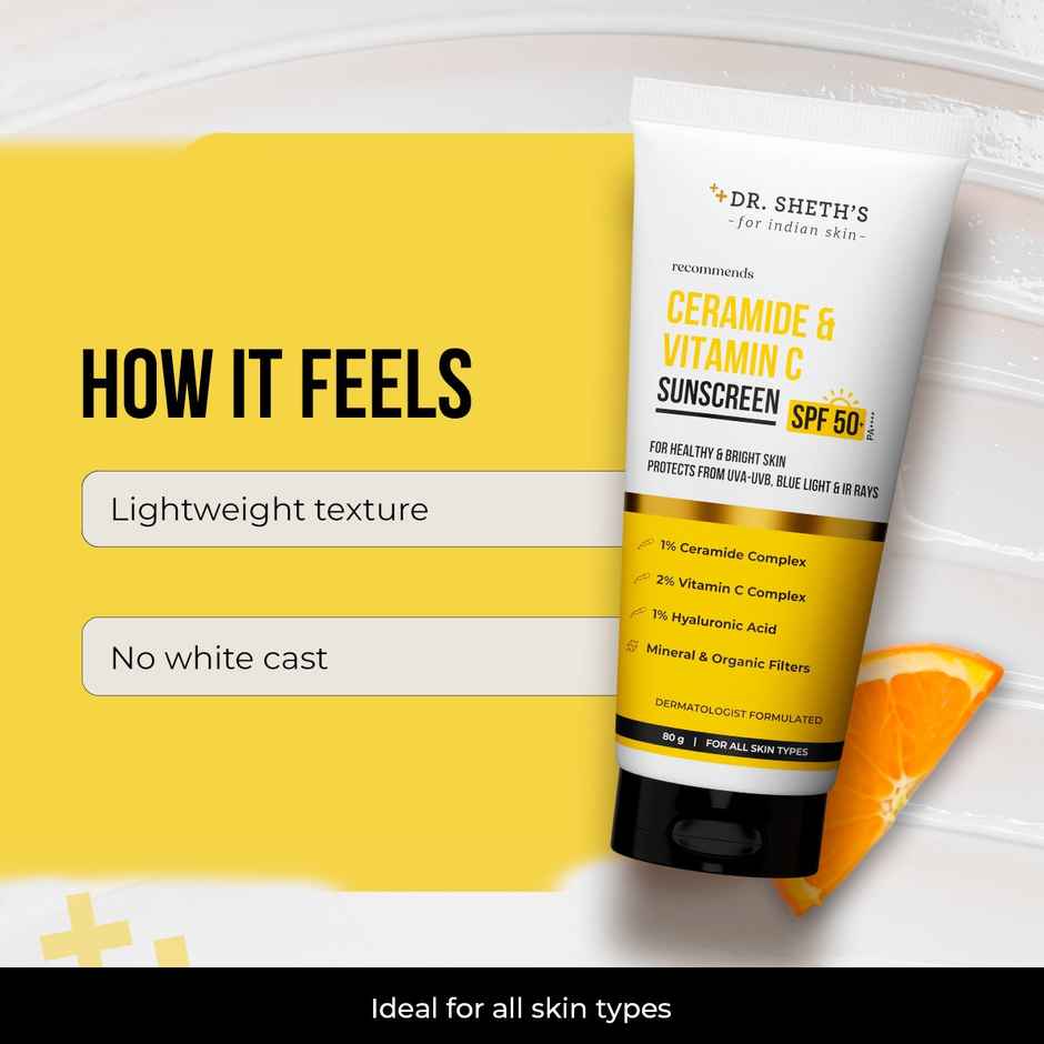Dr. Sheth'S Ceramide & Vitamin C Sunscreen Spf 50 Pa+++ No White Cast For All Skin Type