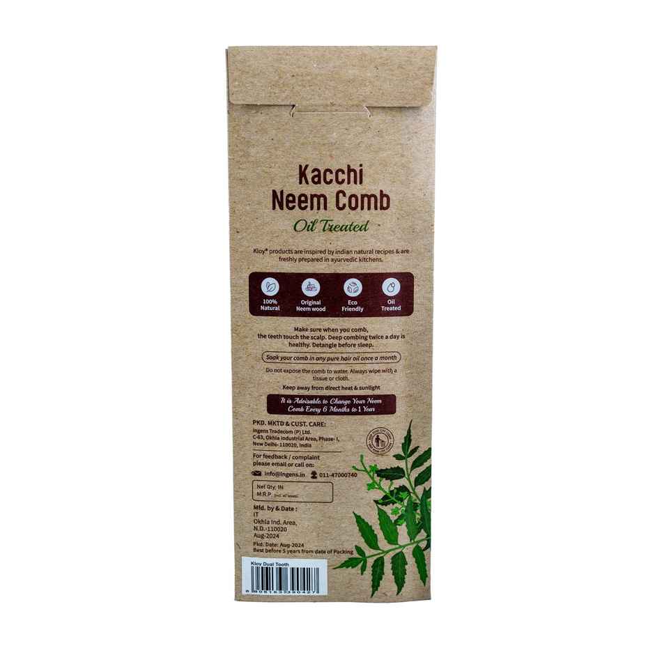 Kloy Kacchi Neem Comb Treated With Neem Oil, Bhringraj For Men & Women | Dual Tooth