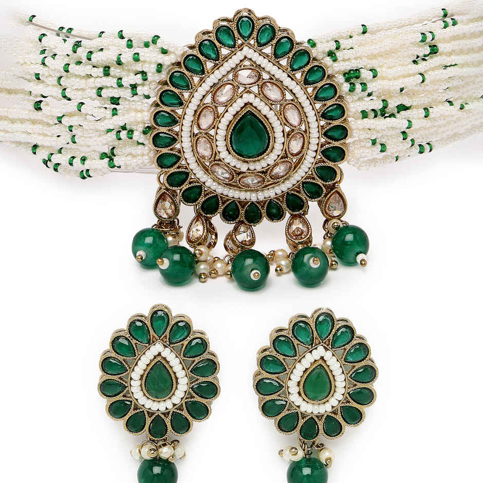 Sukkhi Amazing Gold Plated Green Kundan & Beads Studded Multistrand Choker Necklace Set