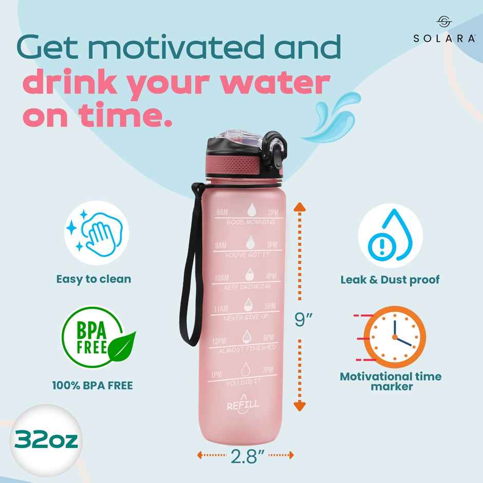 Solara Tritan Motivational Water Bottle for Travel, Office, School, Gym, Sipper Bottle | Pink | 1 L