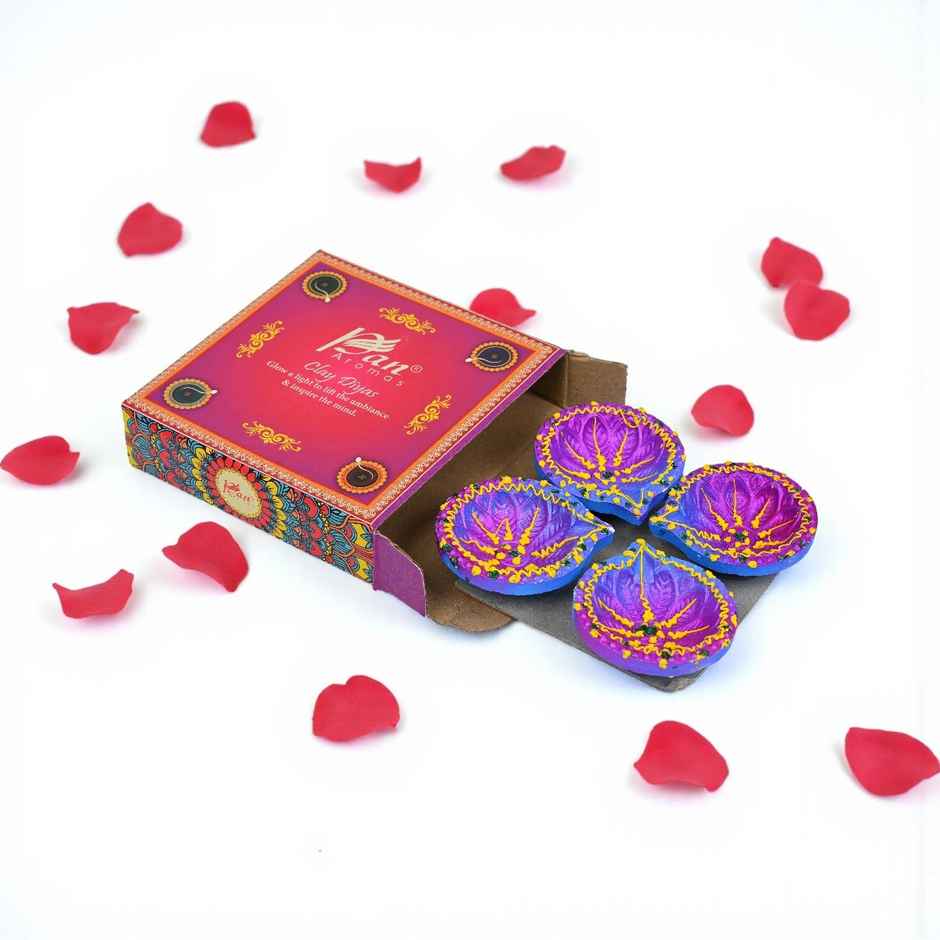 Designer Clay Diya | Pack Of 4 | Blue & Pink | Pan Aromas