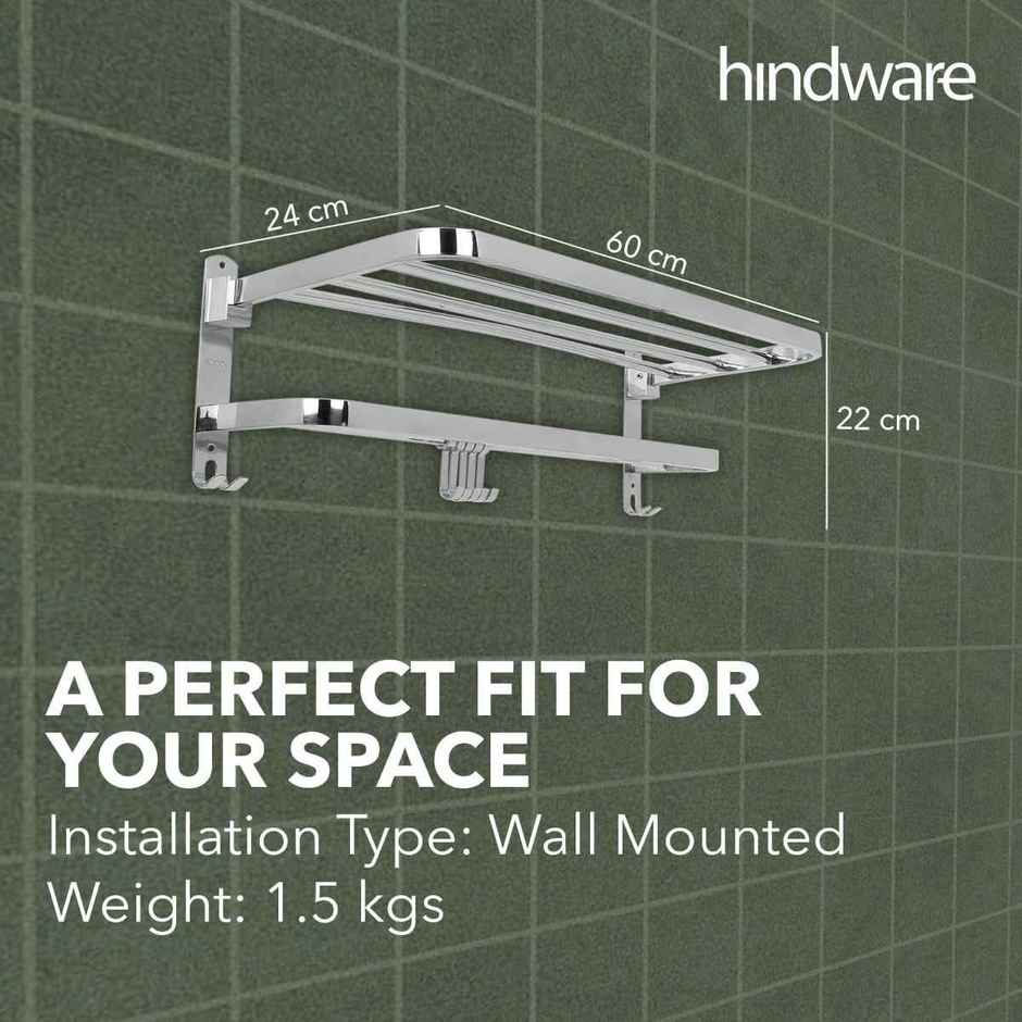 Hindware Stainless Steel Folding Towel Rack And Shelf For Bathroom| With Chrome Finish