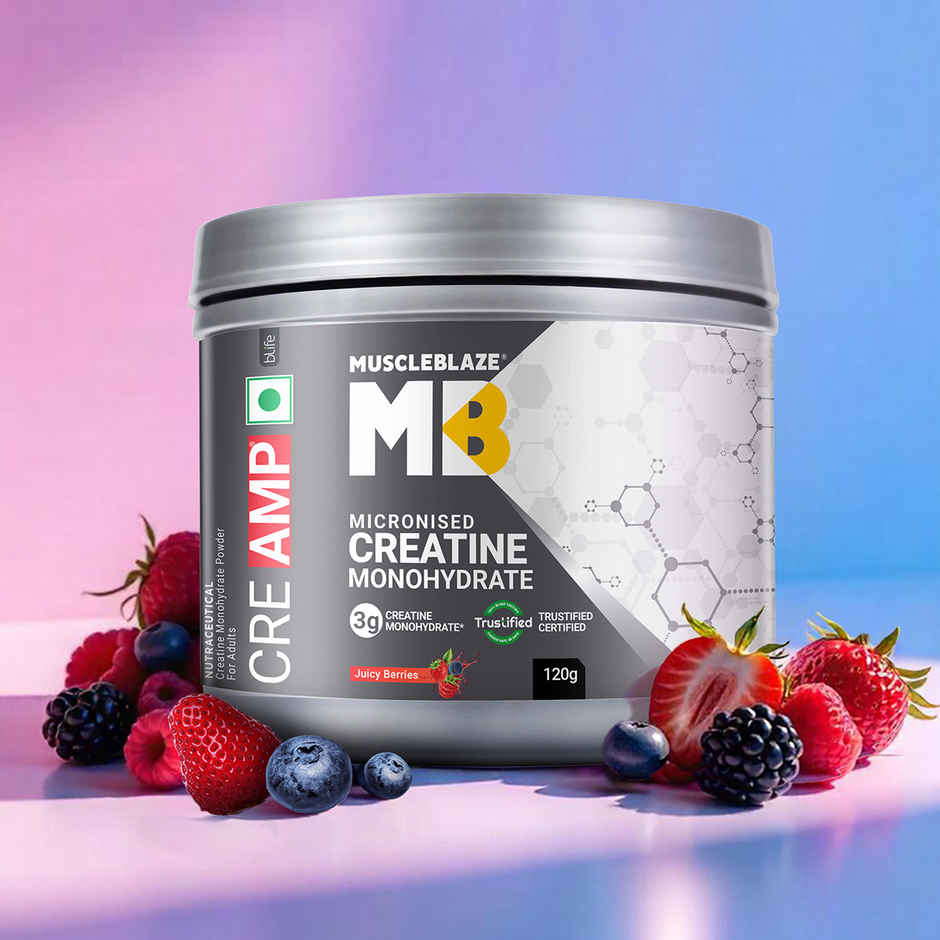MuscleBlaze Micronised Creatine Monohydrate CreAMP Powder Juicy Berries | 30 Servings