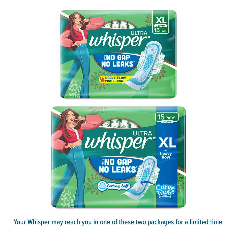 Whisper Ultra Upto No Gap No Leaks Sanitary Pads | XL | 15 pcs