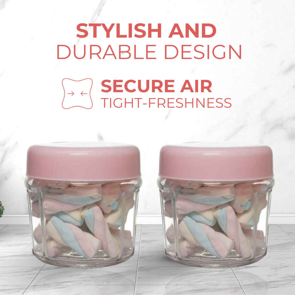 Yera Shell Glass Jar 2 Pc Set With Airtight Light Pink Plastic Lids 320 ml (Each)
