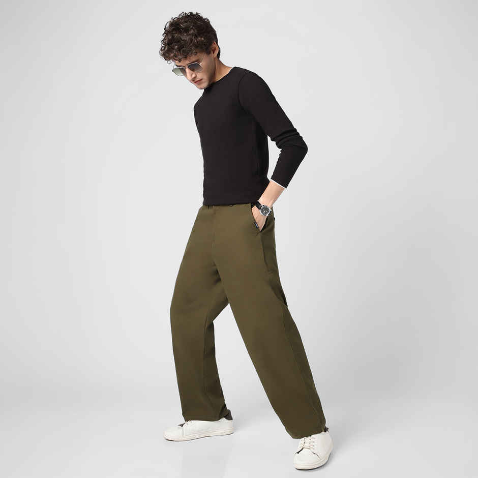 Urbano Fashion Men's Chino Trousers Loose Baggy Fit Solid Non-Stretchable | Dark Olive | 32