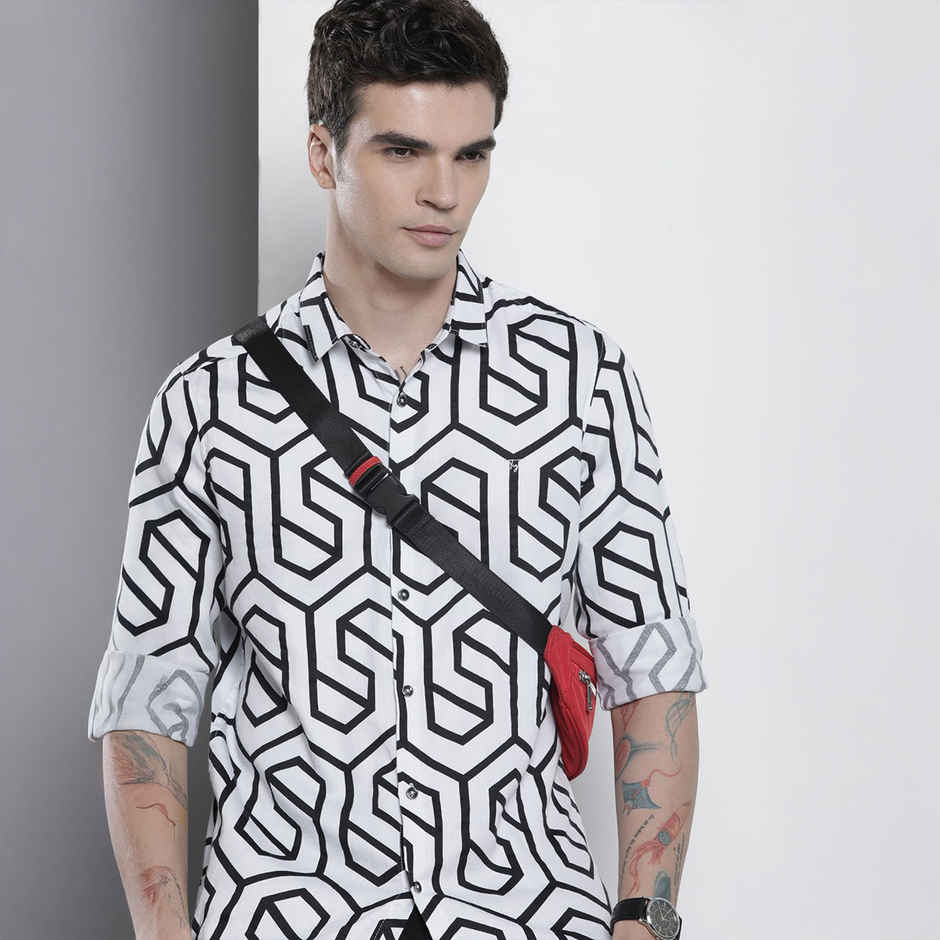 The Indian Garage Co Men's Slim Fit Geometric Print Party Shirt | White - 2XL