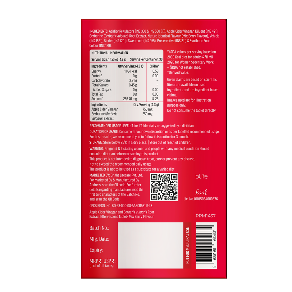 hk vitals 3X Metabolic Apple Cider Vinegar 750mg + Berberine 250mg | Mixed Berry