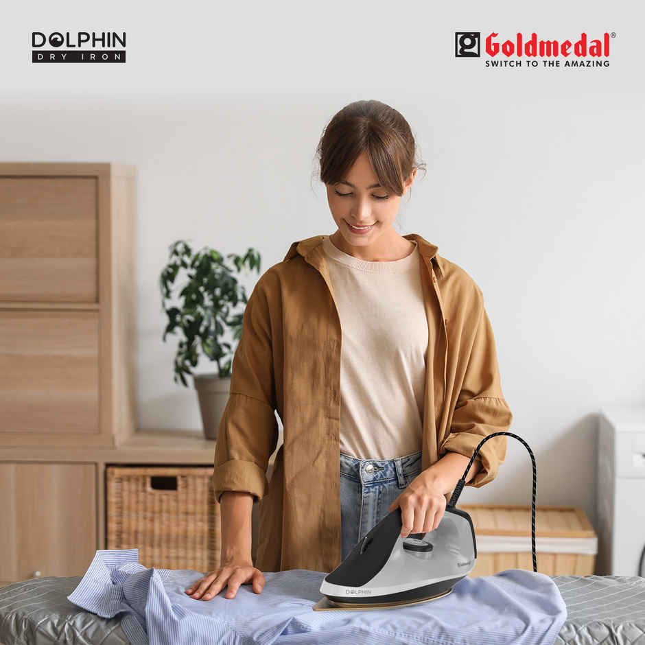 Goldmedal Dolphin 1100W Dry Iron, Broad Base for Hot zone Protection | Cool Grey & Black
