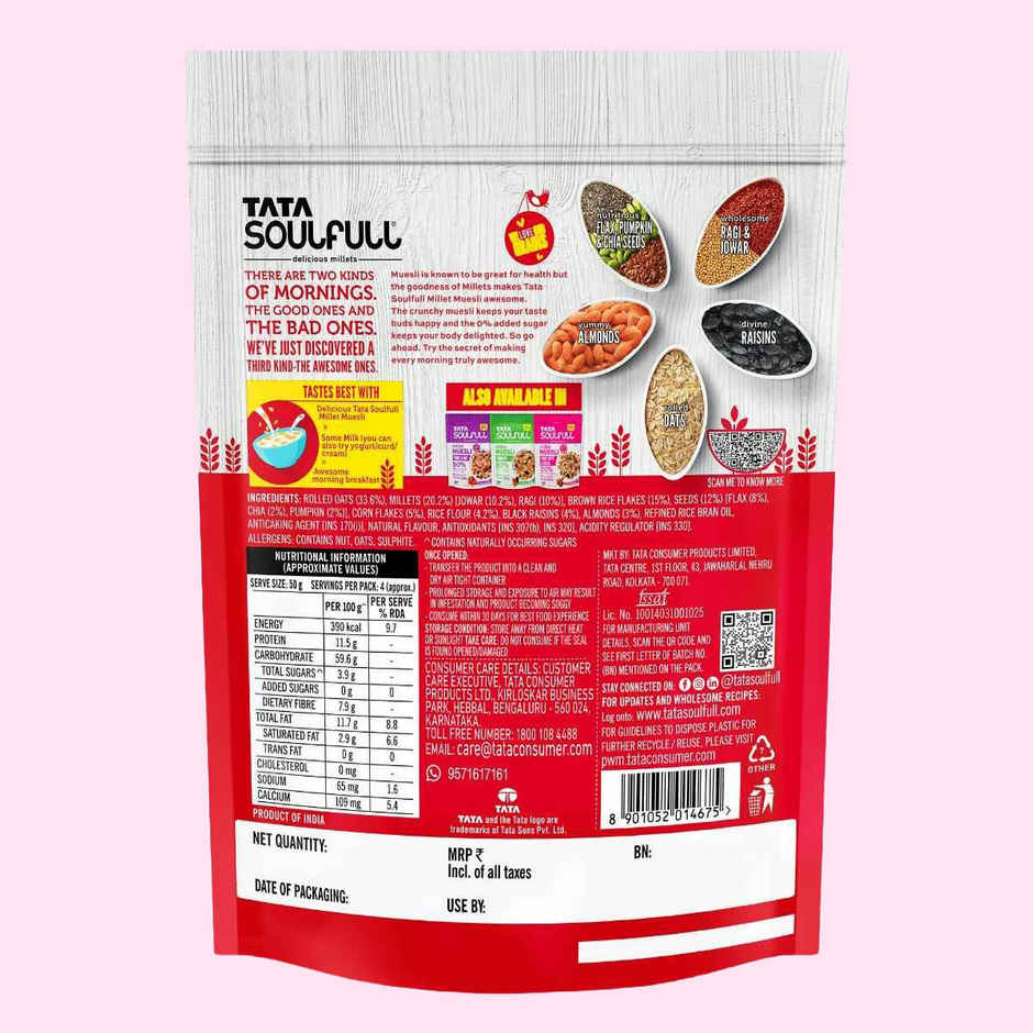 Tata Soulfull Millet Muesli, 0% Added Sugar Whole Grains Fruit, Nut & Seeds Breakfast Cereal