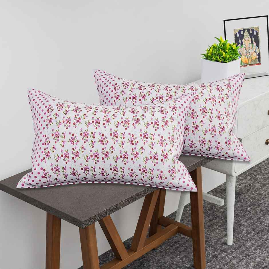 Kuber Industries Dot Pink Flower Premium Cotton Pillow Cover for Bedroom | Set of 2 | White