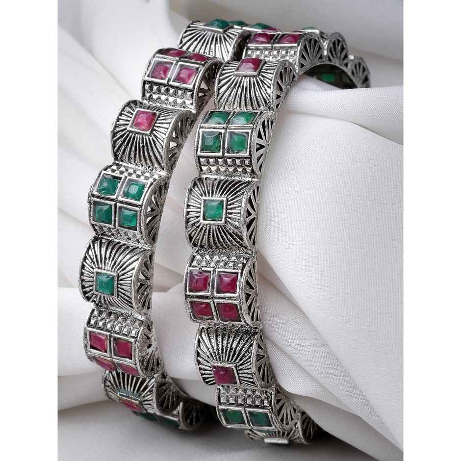 Sukkhi Silver Oxidised Rhodium Plated Red & Green Broad Bracelet Bangle Set Jewellery - 2.6