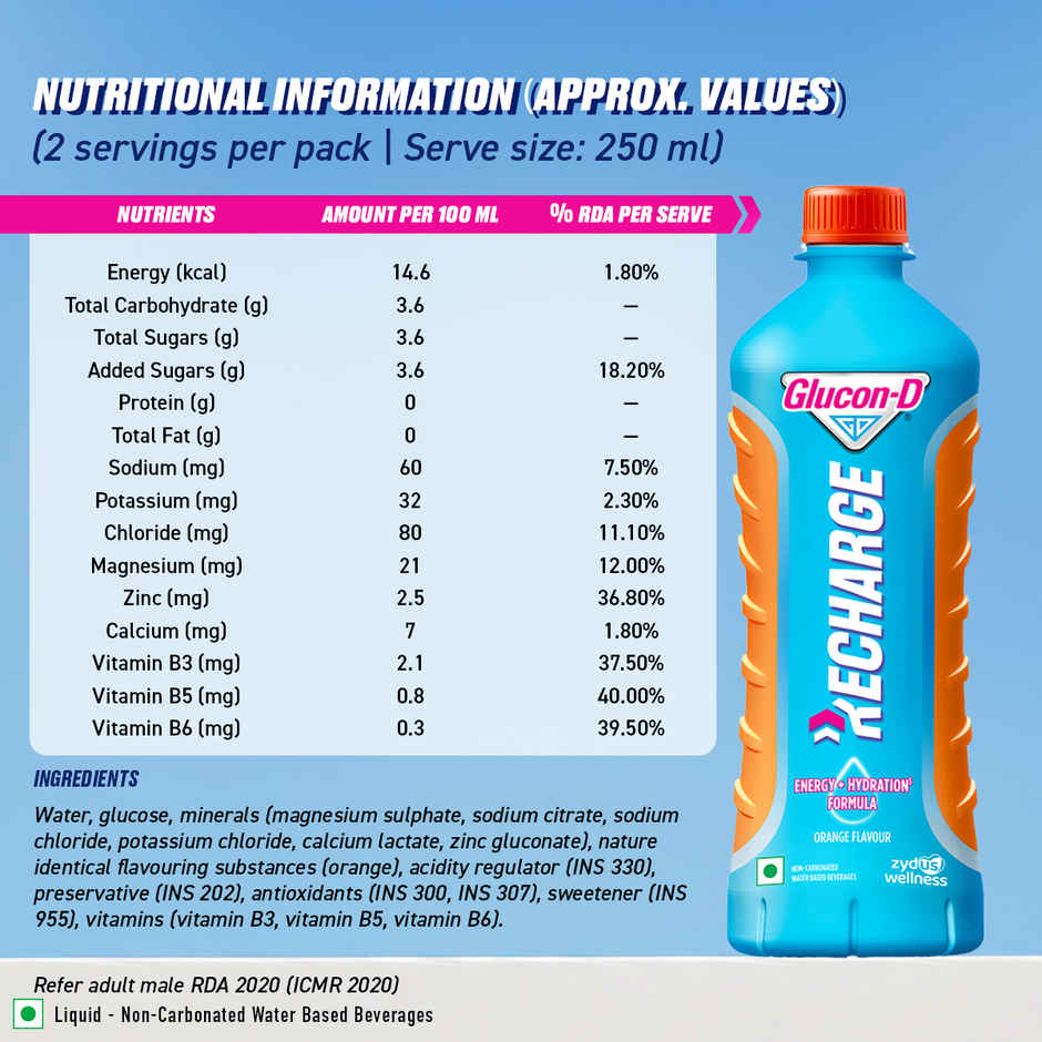 Glucon-D Recharge | No Added Sugar, Orange, Hydration & Energy Drink