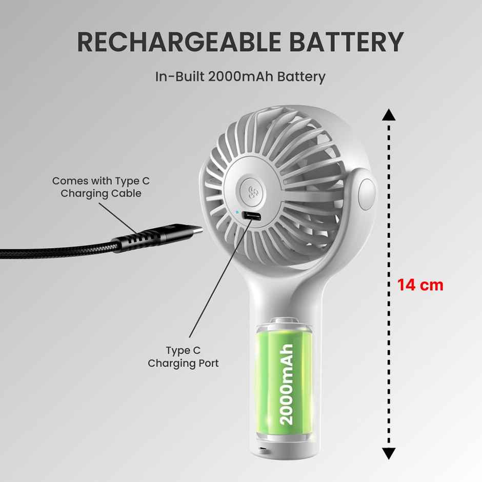 Portronics 5Watt Toofan Mini Portable Rechargeable Fan with 3 Speed Modes, Upto 7800 RPM Max Speed, 2000 mAh Battery, Type C Charging Port, Magnetic Base for Stability - White