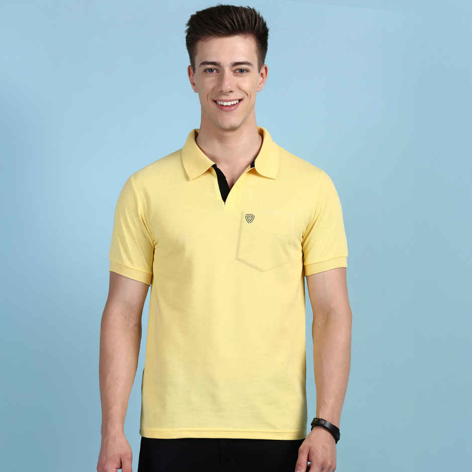 Lux Cozi Men's Solid Cotton Polo T-shirt with Pocket | Yellow - M