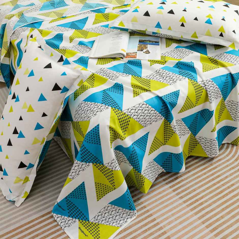 Story@home 144 TC Cotton Double Abstract Flat Bedsheet | Green, White | 98 x 89 in