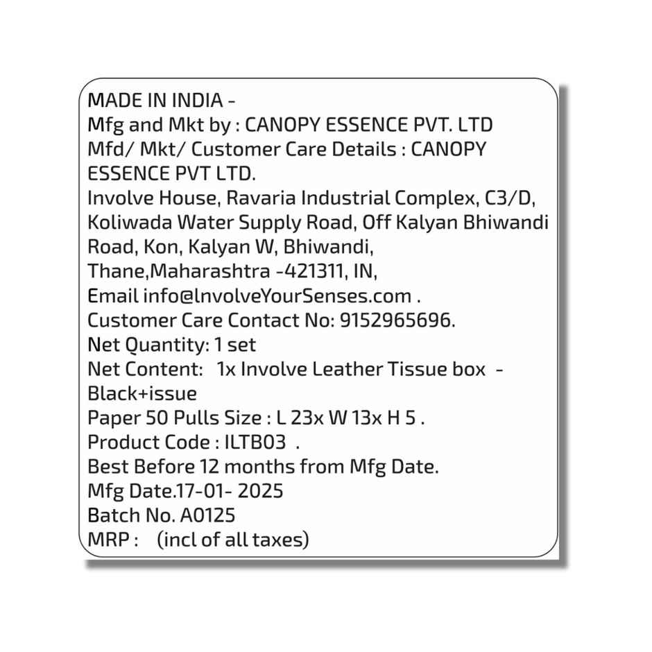 Involve Leather Tissue Box - Black | Premium Car Tissue Holder