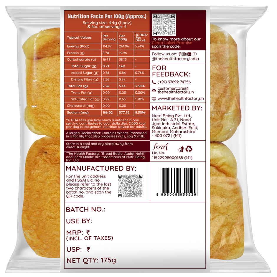 The Health Factory Super Protein Bombay Pav | Zero Maida | 34g High Protein | Whole Wheat Pav