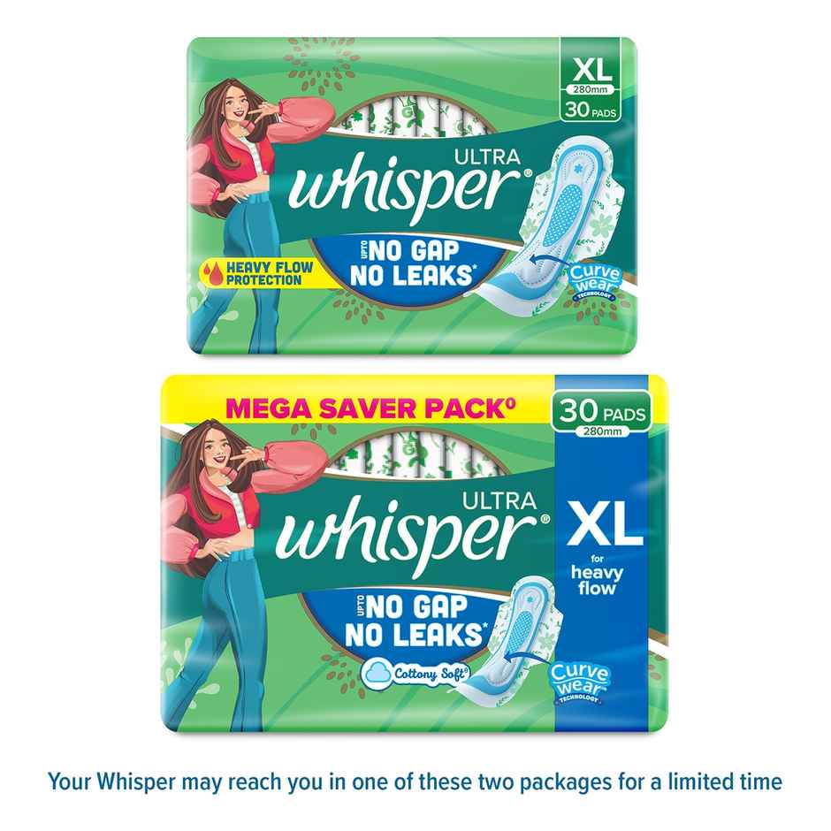 Whisper Ultra Upto No Gap No Leaks Sanitary Pads,  30 XL Pads