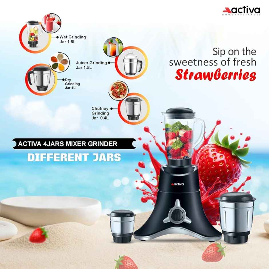 Activa Abs Super Chef 900 Watts Powerful Motor Mixer Grinder With 4 Jars | Black