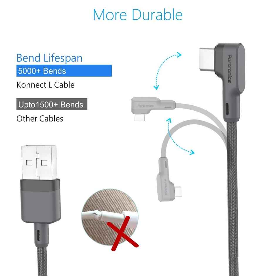Portronics Konnect L POR 1081 Fast Charging 3A | Type-C Cable | 1.2 m- Grey