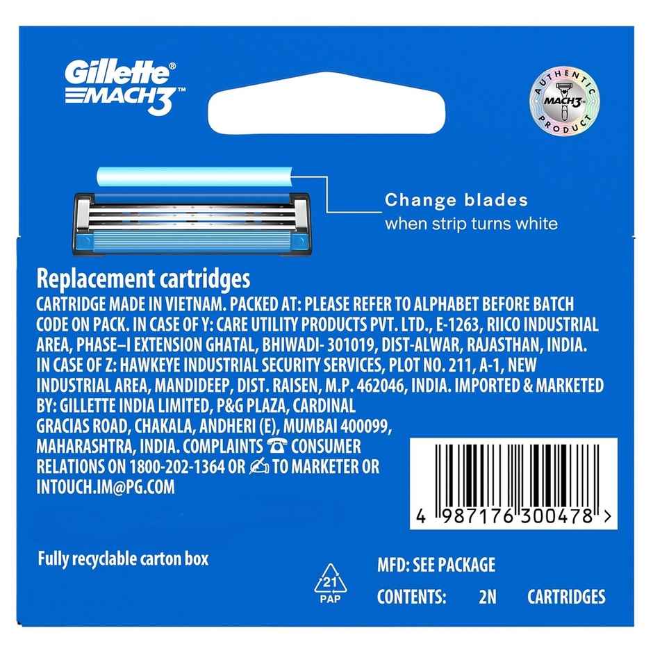 Gillette Mach 3 Shaving Razor Blades For Men (2 Cartridges) Combo 