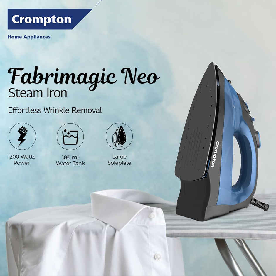 Crompton Fabrimagic Neo 1200W Steam Iron, 180ml Tank, 15g/min Steam, Non-Stick | Blue