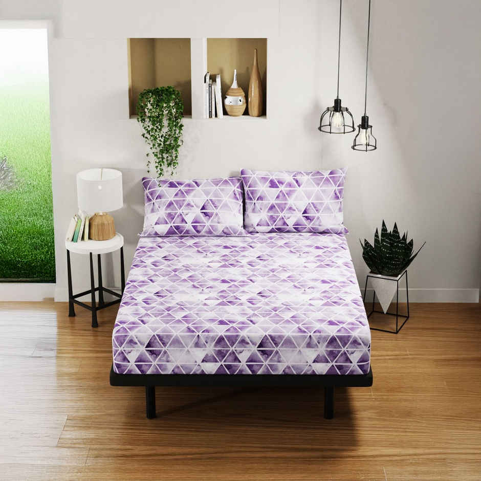 Bianca 100% Pure Cotton Double Bedsheet With 2 Pillow Covers 3pc set | Platinum Geometric - Lilac