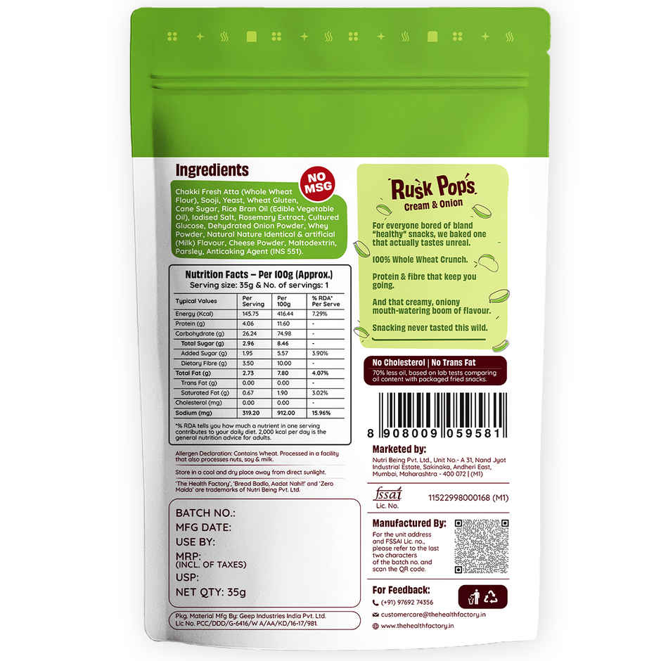 The Health Factory Zero Maida Rusk Pops- Cream & Onion