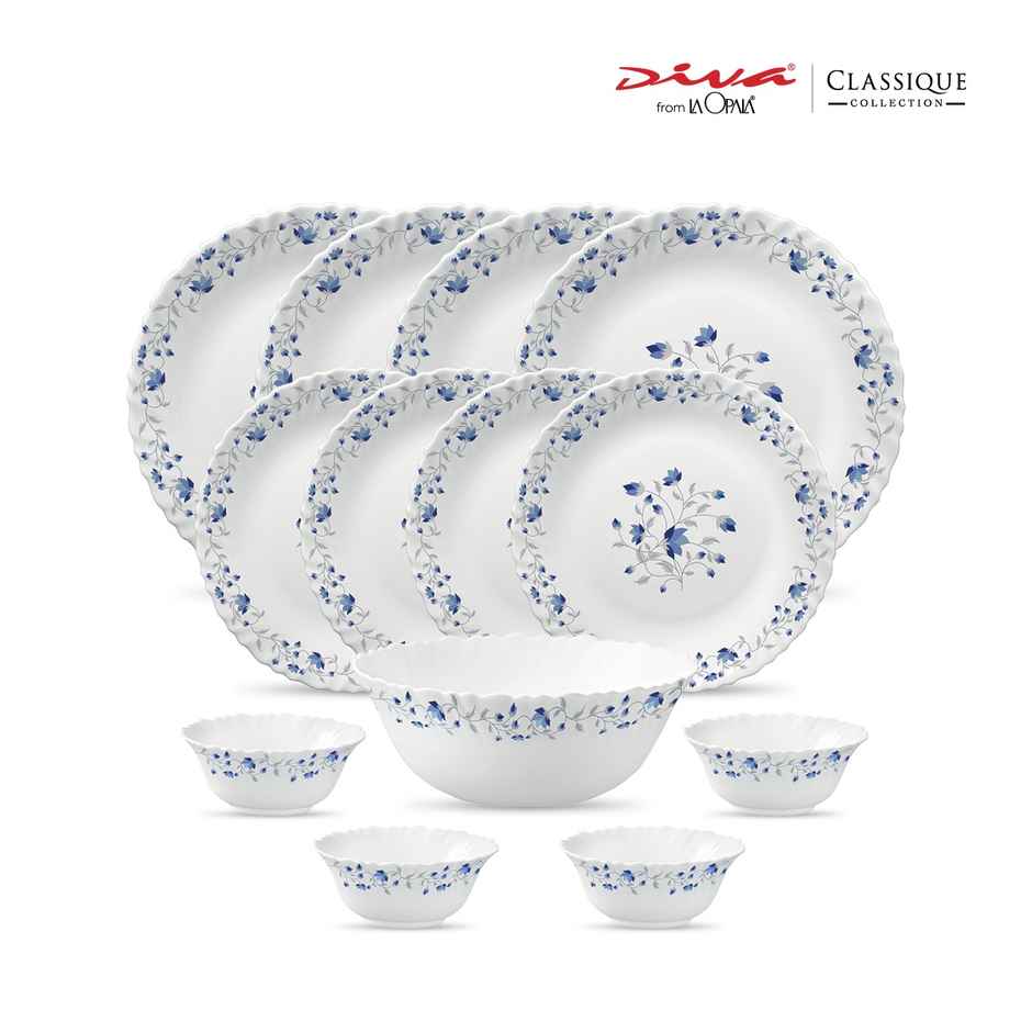 La Opala Diva Classique Dinner Set | Opal Glass Crockery for Dining | 13 Pcs - Blue Mystique