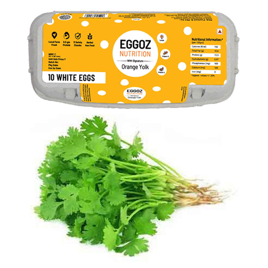 Eggoz Nutrition Protein Rich Farm Fresh White Eggs (10pc) & Residue Free Coriander (100g) Combo