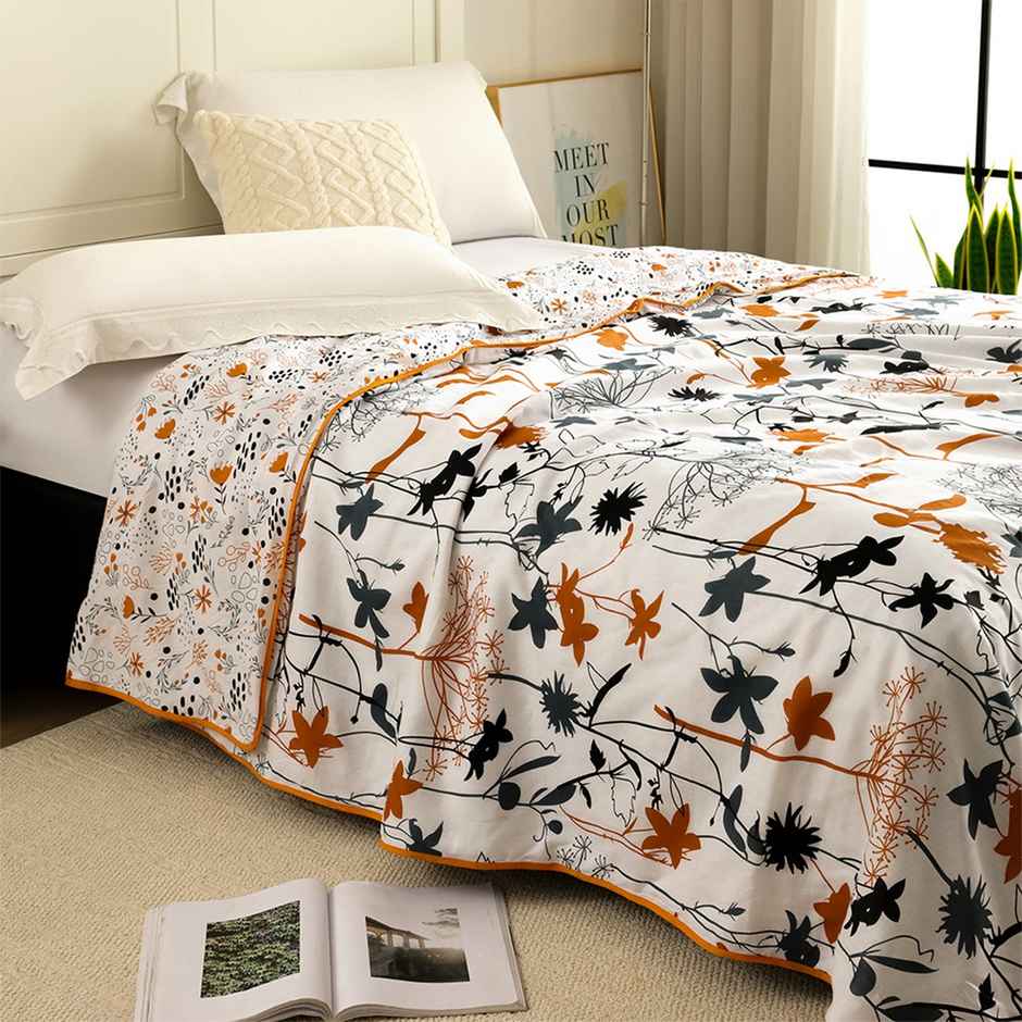 Story@home Floral Single Dohar/Duvet Cover (220x144x2 cms) - White & Orange Floral