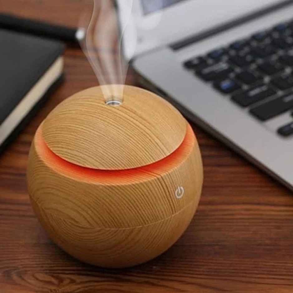 DesiDiya 12Watt Round Magic Wooden Cool Mist Humidifier - Essential Oil Diffuser with LED Night Light for Car, Office, Home | One Click Controls - Beige