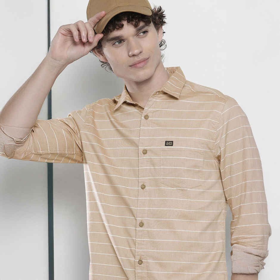 The Indian Garage Co Men's Slim Fit Striped Casual Shirt | Khaki - XL